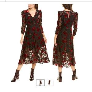 NEW ASTR The Label Floral Red Velvet Burnout Sheer Black Midi Dress V-Neck Sz S